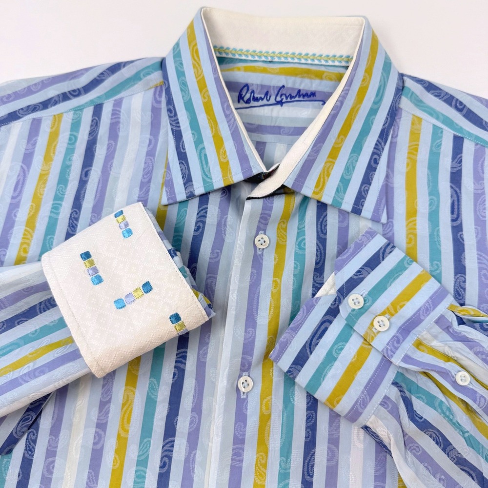Robert Graham Mens L/XL 43 17 Striped Paisley Silk Blend Button Down Shirt